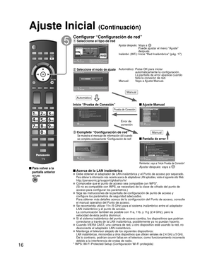 Page 1616
Ajuste Inicial (Continuación)
 Para volver a la
pantalla anterior
Configurar “Configuración de red” Seleccione el tipo de red
Reintentar: vaya a “Inicie Prueba de Conexión”Ajustar después: vaya a 
Configuración de redPaso 5 de 6
Revisa por una conexión de red adecuada, ajustes y 
comunicación a Internet y servidor automáticamente.RETURNOKSelección
AutomáticoManual
Configuración de red
Paso 5 de 6
Seleccione red de cable Ethernet o inalámbrica. 
Si selecciona “ajustar después” y desea repetir 
la...