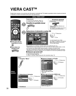 Page 3030
Accesorio opcionalCámara para comunicaciones TY-CC10W
•  Esta cámara podrá utilizarse con VIERA CAST.
•  
Con respecto a los detalles, lea el manual 
de la Cámara para comunicaciones.
VIERA CASTTM
Puede tener acceso a los servicios de información (contenido de TV) desde la pantalla inicial a través de Internet.  Necesita un entorno de banda ancha para usar este servicio.
Utilice VIERA CAST
 Pulse para salir de 
la pantalla de menú
 
 Para volver a la 
pantalla inicial 
Preparaciones
  Conexiones de...