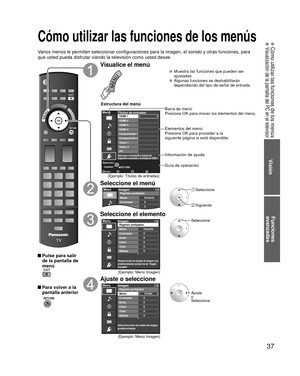 Page 3737
Visión
 Cómo utilizar las funciones de los menús Visualización de la pantalla del PC en el televisor
Funciones 
avanzadas
Cómo utilizar las funciones de los menús
Varios menús le permiten seleccionar configuraciones para la imagen, e\
l sonido y otras funciones, para 
que usted pueda disfrutar viendo la televisión como usted desee.
 Pulse para salir 
de la pantalla de 
menú
 Para volver a la pantalla anterior
 
Visualice el menú
  Muestra las funciones que pueden ser 
ajustadas
  Algunas funciones se...