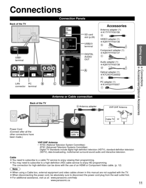 Page 1111
Getting started
 Connections Accessories/Optional Accessories
Accessories
 Connections
Connection Panels
VHF/UHF Antenna•  NTSC (National Television System Committee):ATSC (Advanced Television Systems Committee):
Digital TV Standards include digital high-definition television (HDTV), standa\
rd-definition television 
(SDTV), data broadcasting, multichannel surround-sound audio and inter\
active television.
  Antenna or Cable connection
 Cable 
●You need to subscribe to a cable TV service to enjoy...