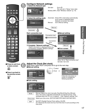 Page 1717
Getting started
 First Time Setup
 Press to exit from a menu screen
 
 
■Press to go back to 
the previous screen
Configure  Network settings Select the Network type
Network settings
Step 6 of 7
RETURNOK
Select
Automatic Manual
Checks for proper network connection, settings and 
communication to the Internet and server 
automatically.
 Select the setting mode
Network settings
Connection test Step 6 of 7
Check Ethernet cable connection
Validate IP address
Check for IP address duplication
Check...