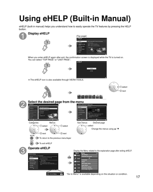 Page 1717
Using eHELP (Built-in Manual)
Display eHELP[Top page]
When you enter eHELP again after exit, the confirmation screen is displayed while the TV is turned on.
You can select “TOP PAGE” or “LAST PAGE”.
 
●The eHELP icon is also available through VIERA TOOLS.
 select
 next
Select the desired page from the menu
Categories MenusSub menus Desired page
 select
 next
 select
 next
select
Change the menus using  ▲/ ▼
 To return to the previous menu/layer
 To exit eHELP
Operate eHELP
MenuPicture
Audio
Timer...