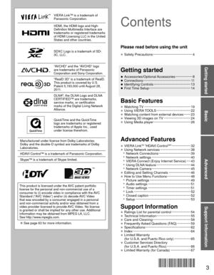 Page 33
Basic
Advanced
Support Information
Getting started
VIERA Link™ is a trademark of 
Panasonic Corporation.
HDMI, the HDMI logo and High-
Definition Multimedia Interface are 
trademarks or registered trademarks 
of HDMI Licensing LLC in the United 
States and other countries.
SDXC Logo is a trademark of SD-
3C, LLC.
“AVCHD” and the “AVCHD” logo 
are trademarks of Panasonic 
Corporation and Sony Corporation.
“RealD 3D” is a trademark of RealD.
This product is covered by U.S. 
Patent 5,193,000 until August...