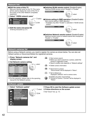 Page 4242
Network link
 
■Edit the name of this TVSets your favorite name for this TV. This name 
will be used to display the name of this TV on 
the screen of the other Network compatible 
equipment.
 Select “VIERA network name”
MenuNetwork linkVIERA network nameDLNA remote controlEnable VIERA
DLNA remote volume controlEnable Network remote controlEnable 
 select
 OK
  Edit the name and press OKEntering characters (p. 21)
 
■Switches DLNA remote control (Disable/Enable)Switches DLNA remote control “Disable” or...