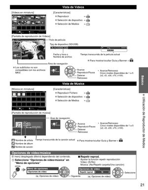 Page 2121
Básico
  Utilización de Reproductor de Medios
 Vista de Vídeos
[Vídeos en miniatura]Vista de Títulos/Carpetas
Vídeos
      
Reproductor de Medios
2009_9 Nature2 Nature3 Nature4 Nature5 Nature6 2009_4 2009_7 Trip1
Trip2 Trip3 Trip4 Trip5 Room Nature1
Selección de Medios
Reproducir Selec. dispositivo Información
Tarjeta de Memoria SD
OK
Selección
RETURN
OPTION
[Características]
 
●Reproducir  
 
●Selección de dispositivo  
 
●Selección de Medios  
[Pantalla de reproducción de Vídeos]
00:00.10...