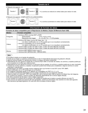 Page 3131
Información de soporte
 Información técnica
Tamaño de H
 
●Relación de aspecto: 4:3
Tamaño 1 Tamaño 2 
●La anchura se reducirá en ambos lados para reducir el ruido.
 
●Relación de aspecto: COMP/JUSTO (H-LLENO/ACERC)
Tamaño 1 Tamaño 2 
●La anchura aumentará en ambos lados para reducir el ruido.
Información de formato de datos
Formatos de datos compatibles para el Reproductor de Medios ( Tarjeta SD/ Memoria flash USB)
Medios Formato compatible
Fotografía •  Archivos JPEG (normas DCF y EXIF)
Submuestreo...