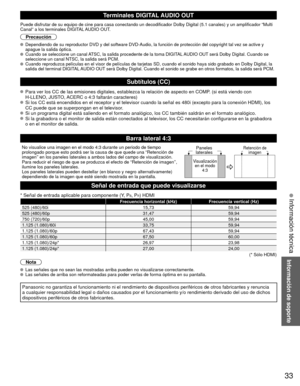 Page 3333
Información de soporte
 Información técnica
Terminales DIGITAL AUDIO OUT
Puede disfrutar de su equipo de cine para casa conectando un decodificad\
or Dolby Digital (5.1 canales) y un amplificador “Multi 
Canal” a los terminales DIGITAL AUDIO OUT.
Precaución
  Dependiendo de su reproductor DVD y del software DVD-Audio, la funció\
n de protección del copyright tal vez se active y apague la salida óptica. 
  Cuando se seleccione un canal ATSC, la salida procedente de la toma DIGITAL AUDIO OUT será Dolby...