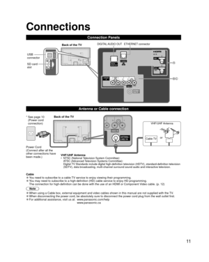 Page 1111
BC
A
 Connections
Connection Panels
Power Cord
(Connect after all the 
other connections have 
been made.)VHF/UHF Antenna
•  NTSC (National Television System Committee):
ATSC (Advanced Television Systems Committee):
Digital TV Standards include digital high-definition television (HDTV), standa\
rd-definition television 
(SDTV), data broadcasting, multi-channel surround sound audio and inte\
ractive television.
Back of the TV
Cable TV
VHF/UHF Antenna
or
*  See page 10 
(Power cord 
connection)...