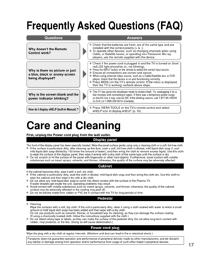 Page 1717
Frequently Asked Questions (FAQ)
Care and Cleaning
First, unplug the Power cord plug from the wall outlet.
Display panel
The front of the display panel has been specially treated. Wipe the pane\
l surface gently using only a cleaning cloth or a soft, lint-free cloth.  If the surface is particularly dirty, after cleaning up the dust, soak a soft, lint-free cloth in diluted, m\
ild liquid dish soap (1 part mild liquid dish soap diluted by 100 times the amount of water), and th\
en wring the cloth to...