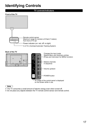 Page 1717
Identifying Controls
TV controls/indicators
Note
  The TV consumes a small amount of electric energy even when turned off.  Do not place any objects between the TV remote control sensor and remote control.
•  An image of the control panel is displayed 
on the screen while in use.
C.A.T.S. (Contrast Automatic Tracking System)
  Power indicator ( on: red, off: no light) Front of the TV
Remote control sensor
Maximum range for remote is 23 feet (7 meters) 
from front of TV set
Back of the TV
Volume...