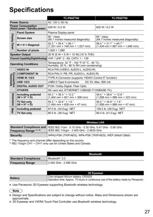 Page 2727
Specifications
TC-P60ZT60 TC-P65ZT60
Power SourceAC 120 V, 60 Hz
Power Consumption
(Rated power / Standby power)528 W / 0.2 W 620 W / 0.2 W
Display PanelPanel SystemPlasma Display panel
Screen size60 ” class
(60.1 inches measured diagonally)65 ” class
(64.7 inches measured diagonally)
W × H × Diagonal52.3 ” × 29.4 ” × 60.1 ”
(1,331 mm × 748 mm × 1,527 mm)56.4 ” × 31.7 ” × 64.7 ”
(1,434 mm × 807 mm × 1,646 mm)
Number of pixels1,920 × 1,080
Speaker Output20 W [5 W + 5 W + 10 W] (10 % THD)
Channel...