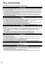 Page 2626
Care and Cleaning
First, unplug the power cord plug from the wall outlet.
Display panel
The front of the display panel has been specially treated. Wipe the panel surface gently using only a cleaning 
cloth or a soft, lint-free cloth.
  If the surface is particularly dirty after cleaning up the dust, soak a soft, lint-free cloth in diluted, mild liquid 
dish soap (1 part mild liquid dish soap diluted by 100 times the amount of water), and then wring the cloth to 
remove excess liquid. Use this cloth to...