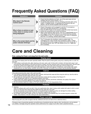 Page 1414
Frequently Asked Questions (FAQ)
Care and Cleaning
First, unplug the Power cord plug from the wall outlet.
Display panel
The front of the display panel has been specially treated. Wipe the panel surface gently using only a cleaning cloth or a soft, lint-
free cloth.
  If the surface is particularly dirty, after cleaning up the dust, soak a soft, lint-free cloth in diluted, mild liquid dish soap (1 part 
mild liquid dish soap diluted by 100 times the amount of water), and then wring the cloth to remove...