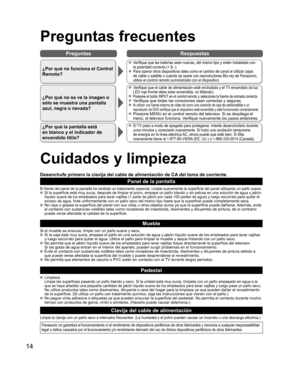 Page 3814
Preguntas Respuestas
  Preguntas frecuentes
¿Por qué no funciona el Control 
Remoto?
 Verifique que las baterías sean nuevas, del mismo tipo y estén instaladas con 
la polaridad correcta (+ & -).
 Para operar otros dispositivos tales como el cambio de canal al utilizar cajas 
de cable o satélite o cuando se opere con reproductores Blu-ray de Panasonic, 
utilice el control remoto suministrado con el dispositivo.
¿Por qué no se ve la imagen o 
sólo se muestra una pantalla 
azul, negra o nevada?...