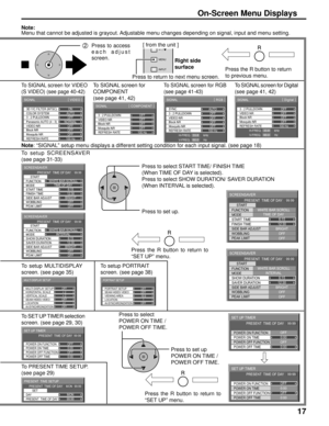 Page 1717
2  Press to access 
each adjust 
screen.
Press the R button to return 
to previous menu.
Press the R button to return to 
“SET UP” menu. Press to select 
POWER ON TIME / 
POWER OFF TIME.
Press to set up 
POWER ON TIME / 
POWER OFF TIME.
To PRESENT TIME SETUP.
(see page 29)
SYNC
VIDEO NR
SIGNAL
H-FREQ.
V-FREQ.kHz
Hz33.8
60.0
[ 
RGB ]
3 : 2 PULLDOWN
OFF
Block NR
Mosquito NROFFOFFREFRESH RATE100 HzOFF AUTO
3 : 2 PULLDOWN
VIDEO NR
SIGNAL [ 
COMPONENT ]
Block NR
Mosquito NROFFOFFREFRESH RATE
OFF
OFF
100...