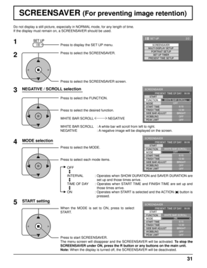 Page 3131
Do not display a still picture, especially in NORMAL mode, for any length of time.
If the display must remain on, a SCREENSAVER should be used.
NEGATIVE / SCROLL selection
2
3 1
4
Press to display the SET UP menu.
Press to select the SCREENSAVER.
Press to select the SCREENSAVER screen.
Press to select the FUNCTION.
Press to select the desired function.
WHITE BAR SCROLL   NEGATIVE 
WHITE BAR SCROLL  : A white bar will scroll from left to right.
NEGATIVE    : A negative image will be displayed on the...