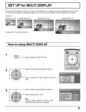 Page 3535
By lining up Plasma Displays in groups, for example, as illustrated below, an enlarged picture may be displayed across all screens.
For this mode of operation, each plasma display has to be set up with a Display number to determine its location.
Press to display the SET UP menu.
Press to select the MULTI DISPLAY SETUP.
Press to display the “MULTI DISPLAY SETUP” 
menu.
Press to select the MULTI DISPLAY SETUP.
Press to select “ON” or “OFF”.
How to setup MULTI DISPLAY
group of 16 (4 × 4) group of 4 (2 ×...