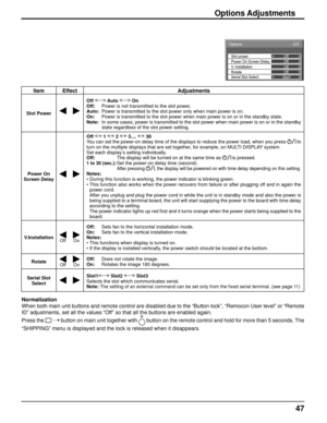 Page 4747
Item Effect Adjustments
Slot PowerOff  Auto  On 
Off:  Power is not transmitted to the slot power.
Auto:  Power is transmitted to the slot power only when main power is on.
On:  Power is transmitted to the slot power when main power is on or in the standby state.
Note:  In some cases, power is transmitted to the slot power when main power is on or in the standby 
state regardless of the slot power setting.
Power On 
Screen DelayOff   1   2   3....   30 
You can set the power-on delay time of the...