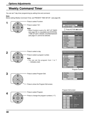 Page 4848
Options 
On Weekly Command TimerOnscreen display 
1/3 
 
Weekly Command Timer 
On Program1Function Monday 
Program3Tuesday --- Wednesday Program3Thursday --- Friday Program6Saturday Program4Sunday Program Edit 
Weekly Command Timer 
Program1On Monday Function 
Program3Tuesday 
--- Wednesday Program3Thursday --- Friday Program6Saturday Program4Sunday Program Edit 
Program3Thursday --- Friday Program6Saturday Program4Sunday Program Edit 
Weekly Command Timer 
8:00 
10:30 01
02
1/8
--:-- 03--:-- 04--:--...
