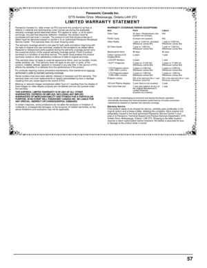 Page 5757
Panasonic Canada Inc.
5770 Ambler Drive, Mississauga, Ontario L4W 2T3
LIMITED WARRANTY STATEMENT
Item
Video Tape
P2/SD Cards
Video Heads
D5 Video heads
Maintenance Items
Colour Camera CCD
Imaging Block
LCD/CRT Monitors
* DLP™ Projectors
* LCD Projectors above
2,500 ANSI Lumens
* LCD Projectors below
2,500 ANSI Lumens
Projector Lamps
103 inch Plasma displays
Hard Drive Disk UnitParts
30 days — Replacement only 
(content not covered)
(Content not covered)
1 year or 2,000 hrs. (prorated) Whichever comes...