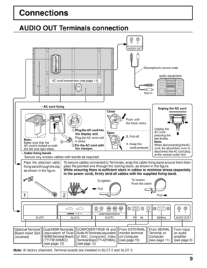 Page 99
Connections
– Cable ﬁ xing bands
Secure any excess cables with bands as required.Speakers (Optional accessories)
Pass the attached cable 
ﬁ xing band through the 
clip as shown in the 
ﬁ gure. To secure cables connected to Terminals, wrap the cable ﬁ xing band around them then 
pass the pointed end through the locking block, as shown in the ﬁ gure.
While ensuring there is sufﬁ cient slack in cables to minimize stress (especially 
in the power cord), ﬁ rmly bind all cables with the supplied ﬁ xing...