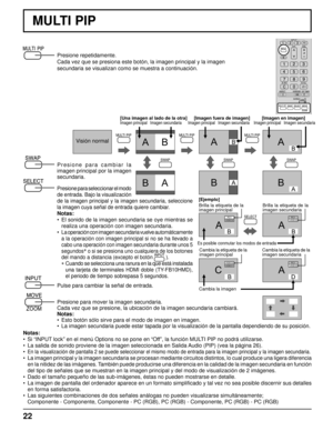 Page 2222
A B  A B A B 
B A B A B A 
PC1
VIDEO2PC1
VIDEO2
VIDEO2
VIDEO1PC1
VIDEO2
A
A A
CB
B
B
D
MULTI PIP MULTI PIP 
SWAP SWAP 
SELECT
SWAP 
MULTI PIP 
MULTI PIP
Presione repetidamente.
Cada vez que se presiona este botón, la imagen principal y la imagen
secundaria se visualizan como se muestra a continuación.
Presione para mover la imagen secundaria.
Cada vez que se presione, la ubicación de la imagen secundaria cambiará.
Notas:
•  Esto botón sólo sirve para el modo de imagen en imagen.
• 
La imagen...