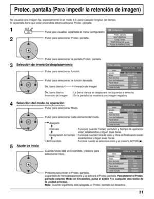 Page 3131
No visualice una imagen ﬁ ja, especialmente en el modo 4:3, para cualquier longitud del tiempo.
Si la pantalla tiene que estar encendida deberá utilizarse Protec. pantalla.
Selección de Inversión/desplazamiento
2
3 1
4
Pulse para visualizar la pantalla de menú Conﬁ guración.
Pulse para seleccionar Protec. pantalla.
Pulse para seleccionar la pantalla Protec. pantalla.
Pulse para seleccionar función.
Pulse para seleccionar la función deseada.
De. barra blanca   Inversión de imagen 
De. barra blanca  :...
