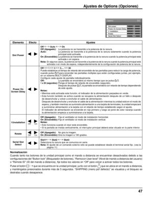 Page 4747
Elemento Efecto Ajustes
Slot PowerOff  Auto  On 
Off (Apagado):  La potencia no se transmite a la potencia de la ranura.
Auto:     La potencia se transmite a la potencia de la ranura solamente cuando la potencia 
principal está activada.
On (Encendido):  La potencia se transmite a la potencia de la ranura cuando la potencia principal está 
activada o en espera.
Nota:  
En algunos casos, la potencia se transmite a la potencia de la ranura cuando la potencia principal está 
activada o en modo de espera,...