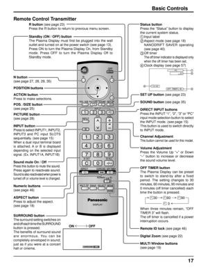 Page 1717
Basic Controls
Standby (ON / OFF) button
The Plasma Display must ﬁ rst be plugged into the wall 
outlet and turned on at the power switch (see page 13).
Press ON to turn the Plasma Display On, from Standby 
mode. Press OFF to turn the Plasma Display Off to 
Standby mode.
SET UP button  (see page 23)
SOUND button  (see page 35)
DIRECT INPUT buttons
Press the INPUT “1”, “2”, “3” or “PC” 
input mode selection button to select 
the INPUT mode. (see page 15)
This button is used to switch directly 
to INPUT...