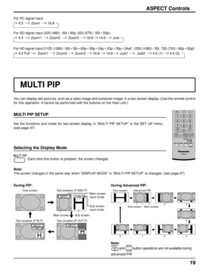 Page 1919
ASPECT Controls
You can display two pictures, such as a video image and computer image, i\
n a two-screen display. (Use the remote control 
for this operation. It cannot be performed with the buttons on the main \
unit.)
MULTI PIP SETUP
Set the functions and mode for two-screen display in “MULTI PIP SETUP” in the SET UP menu.
(see page 47)
Selecting the Display Mode
 Each time this button is pressed, the screen changes.
 
Note:
The screen changes in the same way when “DISPLAY MODE” in “MULTI PIP...