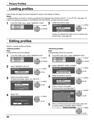 Page 3232
Picture Proﬁ les
Load proﬁ les and apply the picture adjustment values to the display as follows. 
Notes:
• Loaded  pro ﬁ les are stored in memory according to the selected input interface (SLO\
T1, 2, 3 or PC IN). (see page 15)
• When the settings are locked in “EXTENDED LIFE SETTINGS”, proﬁ  les cannot be loaded.
1In the PICTURE menu, select “MEMORY LOAD”.
MEMORY SAVEMEMORY LOAD
MEMORY EDIT1 select
2 access
Loading pro ﬁ les
2
Select the proﬁ le to load. 
MEMORY LOAD
1. [    ]
2. [    ]
3. [...