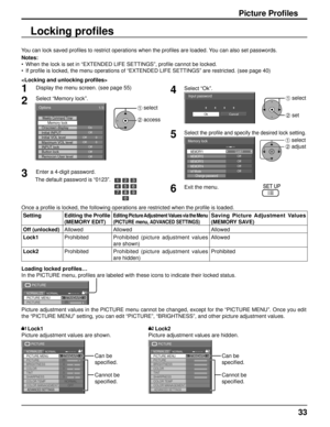Page 3333
Picture Proﬁ les
You can lock saved pro ﬁ les to restrict operations when the pro ﬁ les are loaded. You can also set passwords.
Notes:
•  When the lock is set in “EXTENDED LIFE SETTINGS”, pro ﬁ le cannot be locked.
• If proﬁ  le is locked, the menu operations of “EXTENDED LIFE SETTINGS” are \
restricted. (see page 40)

1Display the menu screen. (see page 55)
2Select “Memory lock”.
Options
On
Weekly Command Timer
Onscreen displayMemory lock
OffInitial INPUTInitial VOL level
1/3
Off Off
0
0Maximum VOL...