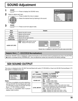 Page 350
0
0
1/2
SOUND
NORMALNORMALIZE
OFF
TREBLE
BALANCE BASS
0
MID
SURROUND
MAIN
AUDIO OUT (PIP)
35
SOUND Adjustment
1Press to display the SOUND menu.
Press to select the menu to adjust.
Select the desired level by listening to the sound.
Press to exit from adjust mode.
2Select to adjust each item.
While the “SOUND” menu is displayed, if either the N button on the\
 remote control is pressed at any time or the ACTION 
(
 ) button is pressed during “NORMALIZE”, then all adjustment value\
s are returned to the...