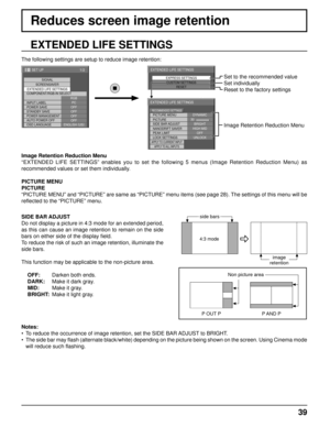 Page 391/2
SIGNAL
EXTENDED LIFE SETTINGS SCREENSAVER
PC
OFF
STANDBY SAVE OFF
POWER MANAGEMENTOFF
AUTO POWER OFF OFF
OSD LANGUAGE ENGLISH (
US )
COMPONENT/RGB-IN SELECT
RGB
INPUT LABEL
POWER SAVE
SET UP
EXPRESS SETTINGS CUSTOM SETTINGS
RESET
EXTENDED LIFE SETTINGS
PICTURE MENU
PICTURE
EXTENDED LIFE SETTINGS
DYNAMIC
SIDE BAR ADJUST
NANODRIFT SAVER
LOCK SETTINGSPEAK LIMIT
BRIGHT
HIGH MID
UNLOCK
APPLY TO CURRENT INPUTAPPLY TO ALL INPUTS
OFF
30
RECOMMENDED SETTINGS
39
EXTENDED LIFE SETTINGS
SIDE BAR ADJUST
Do not...