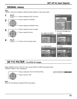 Page 511/2
SIGNAL
SCREENSAVER
EXTENDED LIFE SETTINGS
PC
OFF
STANDBY SAVE OFF
POWER MANAGEMENTOFF
AUTO POWER OFF OFF
OSD LANGUAGE ENGLISH (
US )
COMPONENT/RGB-IN SELECT
RGB
INPUT LABEL
POWER SAVE
SET UP
3D Y/C FILTER (NTSC)
COLOR SYSTEM
SIGNAL
ON
AUTO
3 : 2 PULLDOWN
Panasonic AUTO (4 : 3) OFF
4:3
[  VIDEO  ]
NOISE REDUCTION
OFFREFRESH RATE100 Hz
3 : 2 PULLDOWN
SIGNAL
OFF
[ 
Digital  ] 
NOISE REDUCTION
OFF
REFRESH RATE
100 HzH-FREQ.
V- F R E Q .kHz
Hz
63.98
60.02
DOT CLOCK FREQ.MHz
108.0
SIGNAL FORMAT...