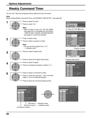 Page 58Options
On
Weekly Command Timer
Onscreen display 
1/3
Memory lock
Weekly Command Timer 
Program1MondayOnFunction
Program3Tuesday --- Wednesday Program3Thursday --- Friday Program6Saturday Program4Sunday Program Edit 
yProgram3Thursday --- Friday Program6Saturday Program4Sunday Program Edit 
Weekly Command Timer 
8:00 
10:30 0102
1/8
--:-- 03--:-- 04--:-- 
--:-- 0512:00 069:12  PON
IMS:SL1 
--- 
--- 
--- 
---  DAM:ZOOM 
AVL:10 0708
1Program
Weekly Command Timer 
20:00 
20:30 57 
58 
8/8   
22:00 59 --:--...