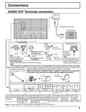 Page 91 2 
SERIAL 
PC    IN 
AUDIO 
AUDIO OUT
R L 
SLOT1SLOT3 
P R /C R /R P B /C B /B Y/G AUDIO R L COMPONENT/RGB IN 
R L 
SLOT2 
AUDIO OUT 

9
Connections
 Note: 
 Two ﬁ  xing bands are supplied with this unit. In case of securing cables at fo\
ur positions, please purchase it separately.
– Cable ﬁ  xing bandsSecure any excess cables with bands as required.
Pass the attached cable 
ﬁ  xing band through the 
clip as shown in the 
ﬁ  gure.  To secure cables connected to Terminals, wrap the cable 
ﬁ xing band...