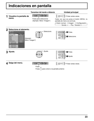 Page 2323
Indicaciones en pantalla
Transmisor del mando a distanciaUnidad principal
1Visualice la pantalla de 
menú.
Pulse para seleccionar.
(Ejemplo: Menú “Imagen”)
MENUPulse varias veces.
Cada vez que se pulsa el botón MENU, la 
pantalla de menú se conmuta. Visión normal Imagen Con ﬁ guración
Sonido Pos. /Tamaño
2Seleccione el elemento.
Seleccione.
VOL
ENTER/
+/
-/
 Pulse.
 Seleccione.25  0 
0 
0 
5 
Imagen
NormalNormalizarNormal
Brillo
Nitidez Modo de Imagen
Color Contraste
Matiz
Corrección de color Ajuste...