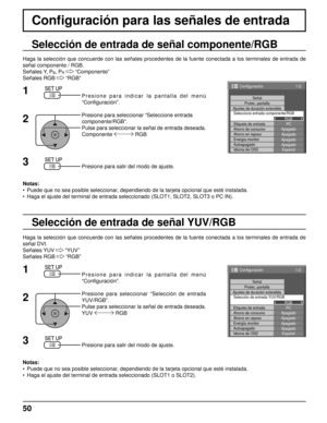 Page 501/2
PCApagadoAhorro en reposoApagadoEnergía monitorApagadoAutoapagadoApagadoIdioma de OSDEspañol
Selección de entrada YUV/RGB
RGB
Etiqueta de entrada Señal
Protec. pantalla
Ahorro de consumo
Configuración
Ajustes de duración extendida
1/2
PCApagadoAhorro en reposoApagadoEnergía monitorApagadoAutoapagadoApagadoIdioma de OSD Español
Seleccione entrada componente/RGB
RGB
Etiqueta de entrada Señal
Protec. pantalla
Ajustes de duración extendida
Ahorro de consumo
Configuración
Conﬁ  guración para las señales...