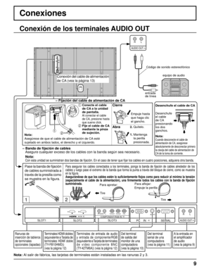 Page 912
SERIAL 
PC    IN
AUDIO 
AUDIO OUT
R L 
SLOT1SLOT3 
P R /C R /R P B /C B /B Y/G AUDIO R L COMPONENT/RGB IN
SLOT2
RL
AUDIO OUT
9
Conexiones
Pase la banda de  ﬁ jación 
de cables suministrada a 
través de la presilla como 
se muestra en la ﬁ  gura. Para asegurar los cables conectados a los terminales, ponga la banda de \
 ﬁ jación de cables alrededor de los 
cables y luego pase el extremo de la banda que forma la punta a travé\
s del bloque de cierre, como se muestra 
en la ﬁ  gura.
Asegurándose de que...