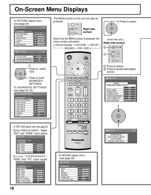 Page 1616
Normal Viewing PICTURE SETUP
SOUNDPOS. /SIZE
On-Screen Menu Displays
The MENU button on the unit can also be 
pressed.
Each time the MENU button is pressed, the 
menu screen will switch.
0
0
0
0
0
0
2.2 W/B LOW B BLACK EXTENSION
W/B HIGH B
W/B LOW R
AGC GAMMA INPUT LEVEL
W/B HIGH R
ADVANCED SETTINGS
NORMALNORMALIZE
OFF
To PICTURE adjust menu
(see page 24)
To ADVANCED  SETTINGS
(see page 24, 25)Press to select 
“ON”.
Press to enter 
ADVANCED 
SETTINGS.
1/2
PC
OFF
STANDBY SAVE
OFF
POWER MANAGEMENTOFF...