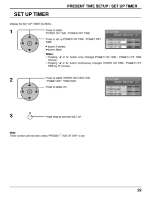 Page 2929
PRESENT TIME SETUP / SET UP TIMER
SET UP TIMER
Press to select 
POWER ON TIME / POWER OFF TIME.
Press to set up POWER ON TIME / POWER OFF 
TIME.
   button: Forward
   button: Back
Notes:
• Pressing “  ” or “  ” button once changes POWER ON TIME / POWER OFF TIME 
1minute.
• Pressing “  ” or “  ” button continuously changes POWER ON TIME / POWER OFF 
TIME by 15 minutes.
 
Press to select POWER ON FUNCTION 
/ POWER OFF FUNCTION. 
Press to select ON.
Press twice to exit from SET UP.
Note: 
Timer function...