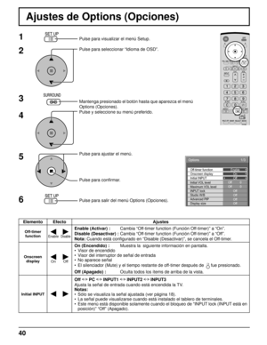 Page 4040
Ajustes de Options (Opciones)
1
2
3
5Pulse para visualizar el menú Setup.
Pulse para seleccionar “Idioma de OSD”.
Mantenga presionado el botón hasta que aparezca el menú 
Options (Opciones).
Pulse y seleccione su menú preferido.
Pulse para ajustar el menú.
Pulse para conﬁ rmar.
Pulse para salir del menú Options (Opciones).
4
6
Elemento Efecto Ajustes
Off-timer 
function
EnableDisable
Enable (Activar) : Cambia “Off-timer function (Función Off-timer)” a “On”.
Disable (Desactivar) : Cambia “Off-timer...