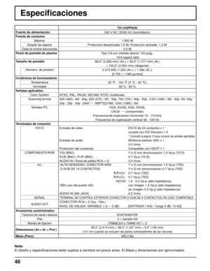 Page 4646
Especiﬁ caciones
TH-103PF9UK
Fuente de alimentación 
240 V AC, 50/60 Hz (monofásico)
Fuente de consumo
Máximo
1.550 W
Estado de espera
Protección desactivada 1,5 W, Protección activada  1,3 W
Estado de corriente desconectada0,5 W
Panel de pantalla de plasma
Tipo CA con método directo 103 pulg.,
 16:9 aspect ratio
Tamaño de pantalla
89,5” (2.269 mm) (An.) × 50,5” (1.277 mm) (Al.) 
× 103,0” (2.604 mm) (diagonal)
(Número. de pixeles)
2.073.600 (1.920 (An.) × 1.080 (AI.))
[5.760 × 1.080 puntos]...