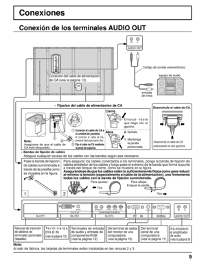 Page 99
Conexiones
12
SERIAL PC    IN
AUDIO
AUDIO OUT
RL
SLOT1SLOT3
PR/CR/R PB/CB/BY/GAUDIORLCOMPONENT/RGB IN
SLOT2
AUDIODVI-D IN
AUDIO OUT
RL
– Bandas de ﬁ jación de cables
Asegure cualquier exceso de los cables con las bandas según sea necesario.
Pase la banda de ﬁ jación 
de cables suministrada a 
través de la presilla como 
se muestra en la ﬁ gura. Para asegurar los cables conectados a los terminales, ponga la banda de ﬁ jación de 
cables alrededor de los cables y luego pase el extremo de la banda que...