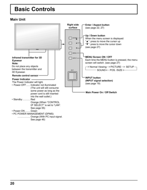 Page 20
INPUT  MENU 
ENTER/ 
20
Up / Down button
When the menu screen is displayed:
“▲ ” : press to move the cursor up 
“▼ ” : press to move the cursor down
(see page 27)
MENU Screen ON / OFF
Each time the MENU button is pressed, the menu 
screen will switch. (see page 27)
Normal Viewing PICTURE SETUP SOUND POS. /SIZE
Main Power On / Off Switch
Enter / Aspect button 
(see page 22, 27)
INPUT button
(INPUT signal selection)
(see page 19)
Right side 
surface
Power Indicator
The Power Indicator will light.
•...