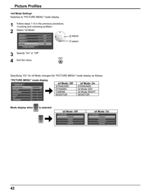 Page 42
42
Picture Proﬁ les

Switches to “PICTURE MENU” mode display. 
1Follow steps 1–5 in the previous procedure, 
. 
2Select “isf Mode”.
Lock1
Change password
MEMORY1
Off Off
MEMORY2
MEMORY12
Off
isf Mode2    adjust
1  select
3Specify “On” or “Off”. 
4Exit the menu.
      
Specifying “On” for isf Mode changes the “PICTURE MENU” mode\
 display as follows. 
“PICTURE MENU” mode display
STANDARD
PICTURE MENU
250
5
PICTURE
NORMAL IZE
BRIGHTNESS 6
COLOR
0
TINT
SHARPNESS
                          
isf Mode: Off isf...