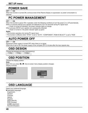 Page 46
46
SET UP menu
POWER SAVE
PC POWER MANAGEMENT
AUTO POWER OFF
OSD DESIGN
OSD POSITION
OSD LANGUAGE
OFF  ON
When this function is turned ON, luminous level of the Plasma Display is\
 suppressed, so power consumption is 
reduced.
OFF 
 ON
Equipment power supply is turned OFF when there is no signal.
When this is set to ON, the power supply of the unit goes Off 10 minutes after the input signals stop. 
Select your preferred language. Choose the display position.
Note:
Each time you press 
 or , the...