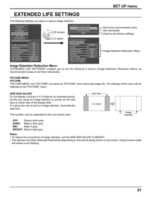 Page 51
51
SET UP menu
EXTERNAL SCALER MODE
POWER SAVE
PC POWER MANAGEMENTAUTO POWER OFF OFFOFF OFF OFF
OSD DESIGN TYPE1
OSD POSITION UPPER LEFT
OSD LANGUAGE ENGLISH  (
US )
SIGNAL
EXTENDED LIFE SETTINGSSCREENSAVER
NETWORK SETUP INPUT LABEL
COMPONENT/RGB-IN SELECT
RGB
3D SETTINGS
EXPRESS SETTINGSCUSTOM SETTINGSRESET
EXTENDED LIFE SETTINGS
30
OFF
UNLOCK BRIGHT
DYNAMIC
MID
PICTURE PICTURE MENU
EXTENDED LIFE SETTINGS
RECOMMENDED SETTINGS
SIDE BAR ADJUST
NANODRIFT SAVER
PEAK LIMIT
LOCK SETTINGS
APPLY TO CURRENT...