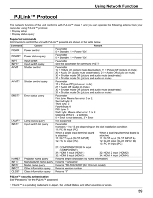 Page 59
Using Network Function
PJLink™ Protocol
The network function of the unit conforms with PJLink™ class 1 and yo\
u can operate the following actions from your 
computer using PJLink™ protocol. 
• Display setup
•  Display status query
Supported commands
Commands to control the unit with PJLink™ protocol are shown in the t\
able below.
PJLink™ security authentication
Set “Panasonic” for the PJLink™ password.
•  PJLink™ is a pending trademark in Japan, the United States, and other\
 countries or areas....